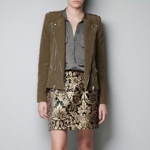 ZARA Suede Effect Military Biker Jacket with Shoulder Pads Women's Size M
